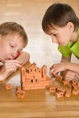 brothers are building  of a toy castle