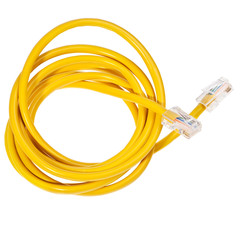 Yellow patch cord with RJ45 plugs over white background.