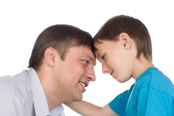 father and son on a white