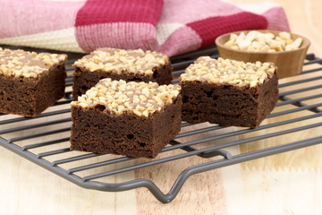 chocolate brownies with cracked peanuts on top