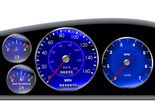 Car dashboard speedometer for motor or sportscar