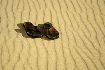 Fototapeta na wymiar Pair of flip flops on beach sand