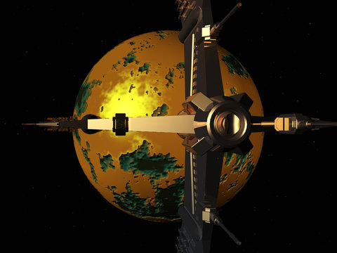 Raumschiff mit gelbem Planet