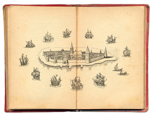 Old sailboats and castle illustration