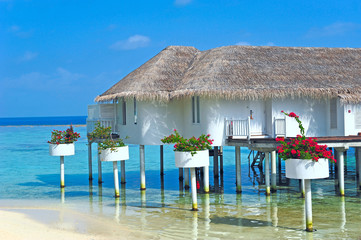 Maldive water villa - bungalows close up - obrazy, fototapety, plakaty