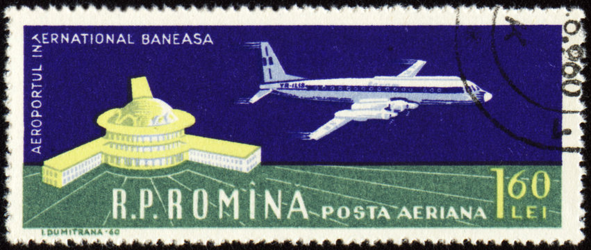 Airport of Bucharest and large plane on post stamp