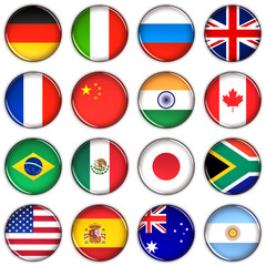 Various country buttons over white background