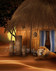 Afrykańska chatka z lwem - obrazy, fototapety, plakaty