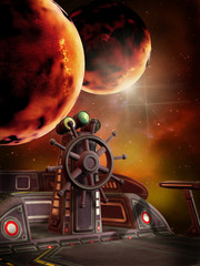 Statek kosmiczny na tle ognistych planet © Obsidian Fantasy