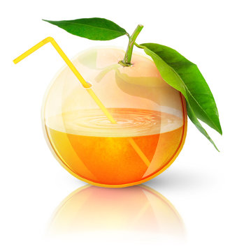 Transparent orange, concept image of fresh orange juice isolated on white background