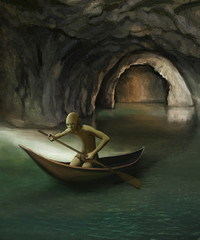 goblin in boat on underground lake, digital painting - obrazy, fototapety, plakaty