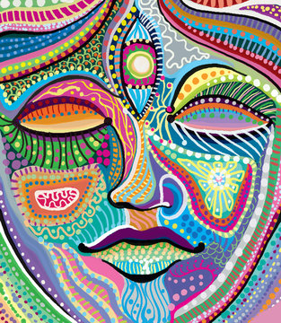 abstract woman face with multicolored indian pattern