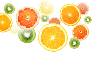 Juicy fruit falling from up over white