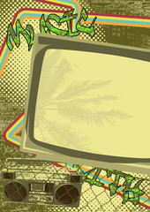 Vintage urban grunge background design with antique TV. Vector i