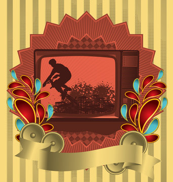 Vintage background design with antique TV. Vector illustration.