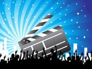 clapper and crowd on blue background