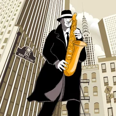 Cercles muraux Art Studio joueur de saxophone dans une rue