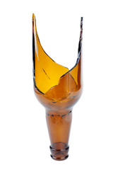 Shattered brown beer bottle isolated on the white background