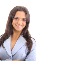 Young happy businesswoman, isolated on white
