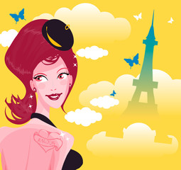 Cute young french woman on background of Tour d'Eiffel silhouett