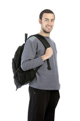 A portrait of a male student with a school bag