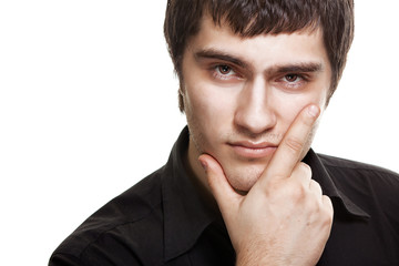 Young man in black shirt isolated on white background