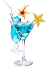 Two blue tropical cocktails