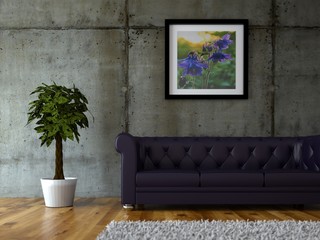 3d Rendering blaues Ledersofa vor Betonwand