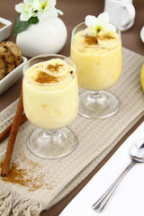 Glass with sweet banana pudding dessert