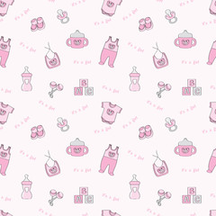 It's a girl: pink seamless background with baby elements