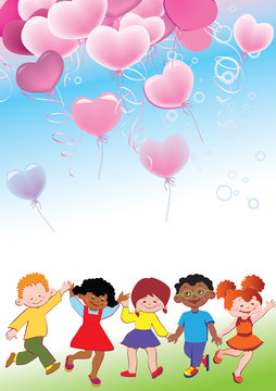 Children with balloons in the form of heart.
