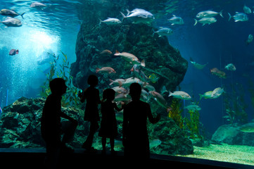 Family with two kids in oceanarium
