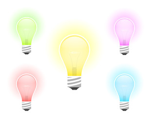 Vector illustration of multicolored light bulb with beams