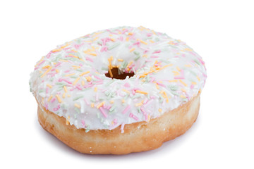Pink Iced Doughnut covered in sprinkles isolated