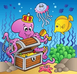Meubelstickers Cartoon octopus op schatkist © Klara Viskova