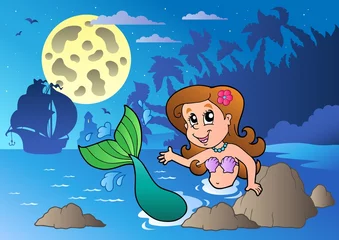 Photo sur Plexiglas Sirène Paysage marin de nuit avec sirène nageuse