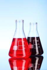 Test tubes closeup on blue background