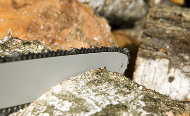 Cutting wood with gas chain saw