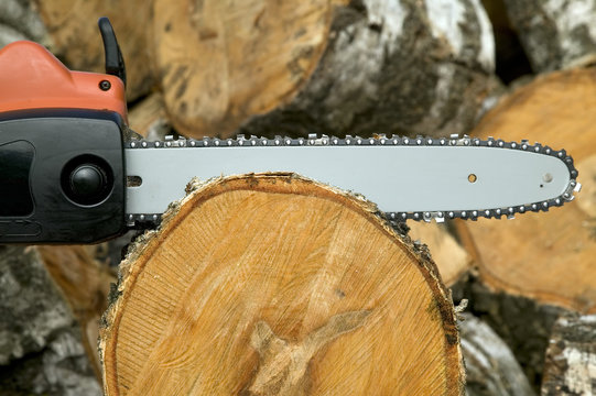 Cutting Wood With Gas Chain Saw