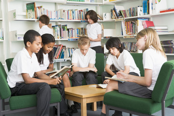 Junior school students working in a library