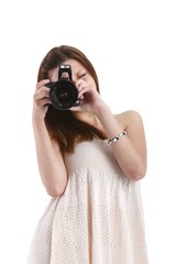 woman with single-lens reflex camera (white background)