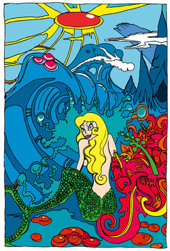 Cartoon mermaid in magical scene