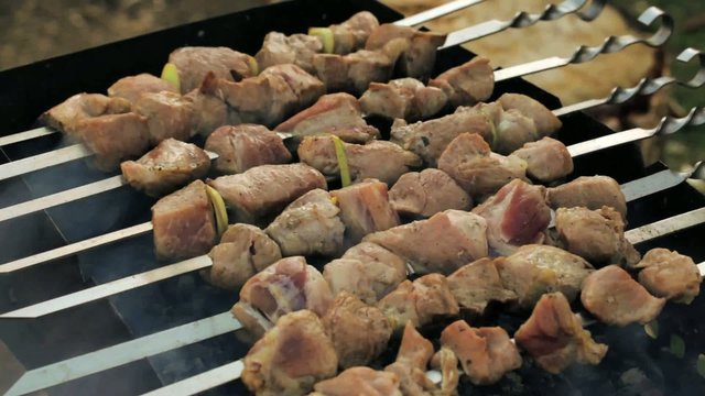 Sashlyk - shish kebab - Russian BBQ grilled meat on the coals.