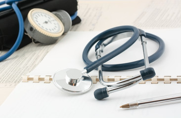 Blue stethoscope with pressure measuring instrument