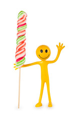 Smiley holding colourful lollipop isolated on white