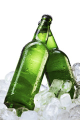 Beer bottles on ice cubes