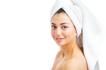 Portrait of young beautiful woman after bath.