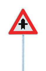 Crossroads Warning Main Road Sign With Pole, isolated