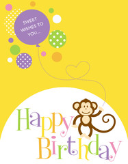 Birthday card with a cute monkey and balloon
