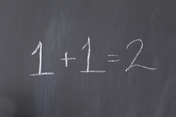 Blackboard with "1+1=2" written on it